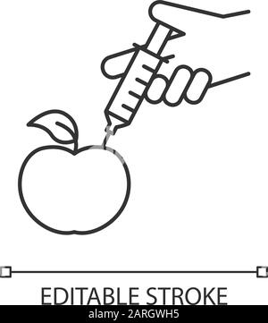 Icona lineare Apple con siringa. Alimenti geneticamente modificati. Chimica organica. Modifica del DNA. Illustrazione a linee sottili. Simbolo del contorno. Isolamento del vettore Illustrazione Vettoriale