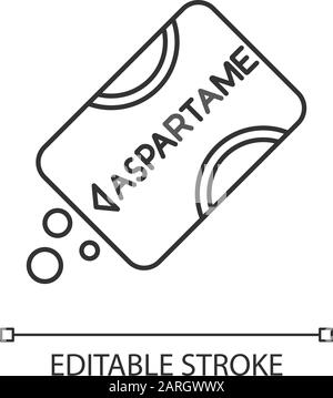 Icona lineare aspartame. Additivo a basso contenuto calorico. Dolcificante artificiale. Sostituzione dello zucchero. Prodotto chimico organico. Illustrazione a linee sottili. Simbolo del contorno Illustrazione Vettoriale