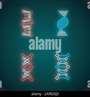 Set di icone di luci al neon per catene di DNA. Elica di acido nucleico deossiribonucleico. Trefoli spiralanti. Cromosoma. Biologia molecolare. Codice genetico. Genetica. Medico Illustrazione Vettoriale