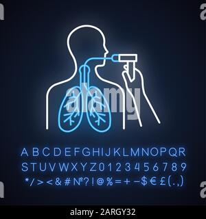 Icona della luce al neon broncoscopia. Controllo vie aeree. Esame polmonare. Procedura medica. Endoscopia toracica. Diagnosi di malattia. Segno incandescente con alfabeto, numbe Illustrazione Vettoriale
