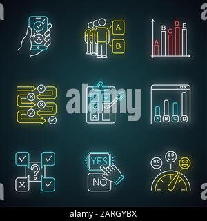 Set di icone per luci al neon per sondaggi. Sondaggio online. Scegliere l'opzione. Selezionare la risposta. Approvare, disaprove. Opinione sociale. Sondaggio di massa. Test scritto. Infog statistiche Illustrazione Vettoriale