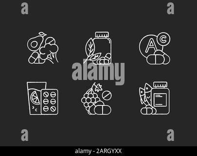 Set di icone di gesso per l'assunzione di vitamine. Verdure e frutta per l'assistenza sanitaria. Aiuto farmaceutico. Supplemento dieta. Farmaci e pillole. Complesso multivitaminico. Illustrazione Vettoriale