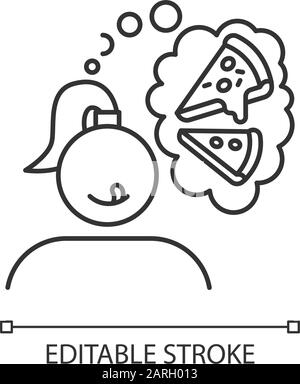 Icona lineare di pizza desiderata. Donna che pensa di fast food. Trattamento non sano. Appetito per la cucina italiana. Illustrazione a linee sottili. Simbolo del contorno. Vettore Illustrazione Vettoriale