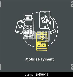 Icona del concetto di gessetto per il pagamento mobile. Idea di trasferimento di denaro senza contatto. Transazione finanziaria wireless. Operazioni bancarie. Illu di lavagna isolata vettoriale Illustrazione Vettoriale