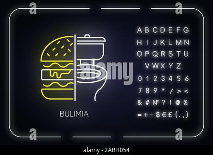 Icona della luce al neon bulimia. Disturbi alimentari. Vomito di cibo in bagno. Binge mangiare dallo stress. Disturbo mentale. Segno incandescente con alfabeto, numeri un Illustrazione Vettoriale