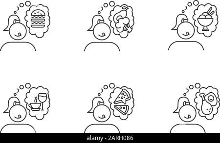 Set di icone lineari per la voglia di cibo. Donna che pensa a uno spuntino malsano. Deliziosa delizia. Appetito e fame. Simboli di contorno a linea sottile. Uscita vettore isolata Illustrazione Vettoriale