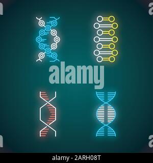 Set di icone per catene a spirale al neon DNA. Elica di acido nucleico deossiribonucleico. Cromosoma. Biologia molecolare. Codice genetico. Genoma. Genetica. Medicina. Illustrazione Vettoriale