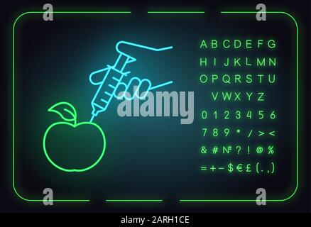 Apple con icona a siringa al neon. Alimenti geneticamente modificati. Chimica organica. Modifica del DNA. Tecnologie agricole. Segno incandescente con alfa Illustrazione Vettoriale