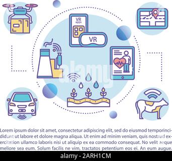 Icona di concetto dell'applicazione della tecnologia 5G con testo. Città intelligente. Guida autonoma. IoT industriale. Modello vettore pagina articolo. Brochure, rivista, boo Illustrazione Vettoriale