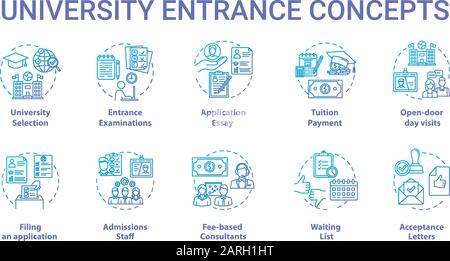 Set icone concetto ingresso Università. Selezione dell'Accademia, preparazione di documenti, esami e illustrazioni di linea sottile dell'idea di ammissione. Vettore isolato Illustrazione Vettoriale