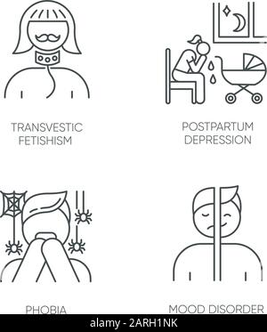 Set di icone lineari del disturbo mentale. Feticismo transvestico. Depressione post-partum. Fobia. Attacco di panico. Disturbi dell'umore. Simboli di contorno della linea Hin. Isolare Illustrazione Vettoriale