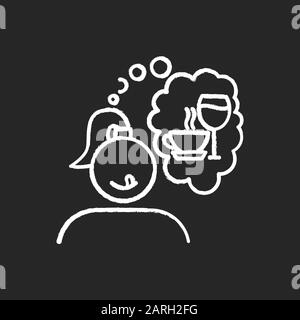 L'icona del gesso che ha bisogno di alcol e caffè. Donna assetata. Donna che pensa al vino. Abitudine di mangiare malsana. Pensiero di bevande. Ragazza desiderio di tè. Gustoso essere Illustrazione Vettoriale