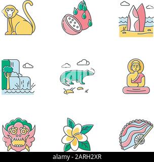Set di icone a colori per l'Indonesia. Animali tropicali di campagna. Gita alle isole Indonesiane. Esplorare la cultura esotica. Frutta e piante uniche. La natura si meraviglia Illustrazione Vettoriale