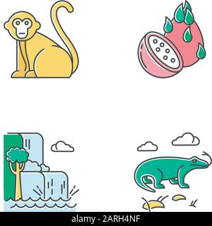 Set di icone a colori per l'Indonesia. Animali tropicali di campagna. Gita alle isole Indonesiane. Esplorare la fauna selvatica esotica. Frutta e piante uniche. La natura si meraviglia un Illustrazione Vettoriale
