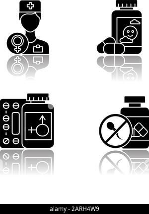 Set di icone glyph nere con ombreggiatura ginecologica. Consultazione del medico. Pillole antidepressive. Terapia ormonale sostitutiva. Controllo delle nascite. Orale contraccettiva Illustrazione Vettoriale