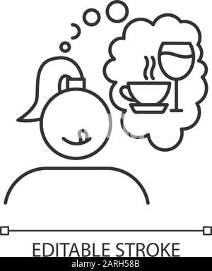 Icona lineare di alcol e caffè. Donna assetata. Donna che pensa al vino. Abitudine di mangiare malsana. Illustrazione a linee sottili. Simbolo del contorno. Vettore Illustrazione Vettoriale