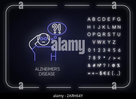 Icona della luce al neon della malattia di Alzheimer. Demenza. Perdita di memoria. Problemi con pensare. Persona anziana. Disturbo mentale. Segno incandescente con alfabeto, numero Illustrazione Vettoriale