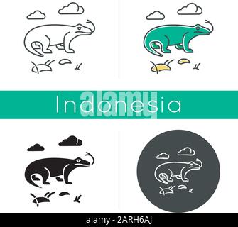Icona del drago di Komodo. Animali tropicali di campagna. Fauna delle isole indonesiane. Esplorare la fauna selvatica esotica. Varans in natura. Lineare, nero, gesso e colore st Illustrazione Vettoriale