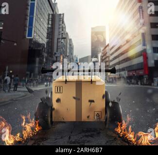 Scatola Prioritaria In Cartone con ruote da corsa che corrono in città come un'auto. Spedizione rapida su strada. Foto Stock