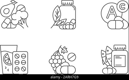 Set di icone lineari per l'assunzione di vitamine. Verdure e frutta per l'assistenza sanitaria. Aiuto farmaceutico. Simboli di contorno a linea sottile. Illustrazione del contorno vettoriale isolato Illustrazione Vettoriale