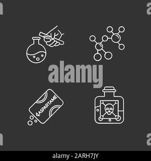 Sviluppo scientifico insieme di icone gesso. Prodotti per biotecnologie. Dolcificante artificiale. Lavorare in laboratorio. Prodotti chimici di produzione. Chimica organica res Illustrazione Vettoriale