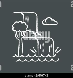 Cascata paesaggio gesso icona. Vacanza in Indonesia. Tesori nascosti di Bali. Fiumi giungla tropicale. Cascata d'acqua nella foresta pluviale. Scopri il mondo w Illustrazione Vettoriale