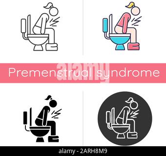 Icona diarrea. Malattia del tratto digestivo. Malattia e malattia. Intossicazione alimentare. Problema mestruale. Sintomo di periodo. Ragazza sul wc. Design piatto, linea Illustrazione Vettoriale