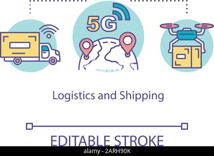 Icona logistica e spedizione. Le tecnologie 5G sono un'idea della linea sottile. Spedizione intelligente. Trasporto su camion. Pacchi per la consegna. Vecto Illustrazione Vettoriale
