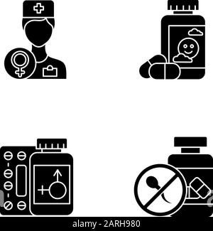 Set di icone glyph ginecologiche. Consulto medico femminile. Pillole antidepressive. Terapia ormonale sostitutiva. Controllo delle nascite. Contraccettivo orale. Silhouette Illustrazione Vettoriale