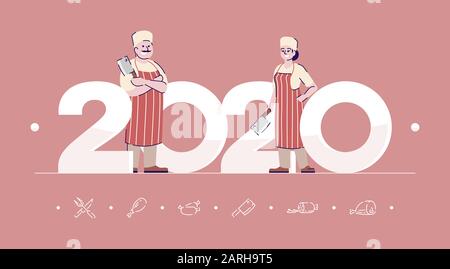 Professioni 2020 modello di vettore di bandiera piatto. Macellai personaggi isolati dei cartoni animati sul corallo. Meatman con coltello da carne. Persone in abbigliamento da lavoro. Banner, brodo Illustrazione Vettoriale