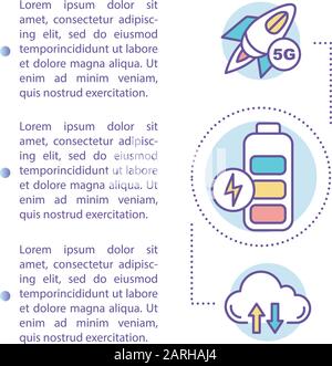 Icona concetto requisiti 5G con testo. Risparmio energetico. Tecnologia moderna. Connessione mobile. Modello vettore pagina articolo. Brochure, rivista, opuscolo Illustrazione Vettoriale