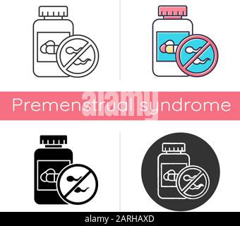 Icona controllo nascita. Contraccettivo orale femminile. Prevenzione di gravidanze indesiderate. Aiuto per la sindrome di Predstrual. Prescrizione ginecologica. Design piatto, lineare Illustrazione Vettoriale