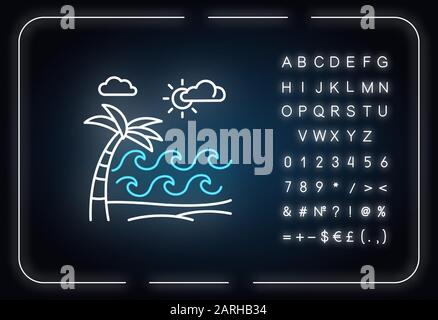 Onde su spiaggia sabbiosa neon icona luce. Mare con palma. Gita alle isole Indonesiane. Soleggiata costa del mare a Bali. Segno incandescente con alfabeto, numeri e. Illustrazione Vettoriale