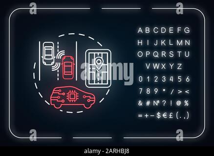 Icona di concetto della luce al neon di guida autonoma. Idea di veicoli senza equipaggio. Auto intelligente. Automobile senza conducente. Intelligenza Artificiale. Segno incandescente, alfabeto, Illustrazione Vettoriale