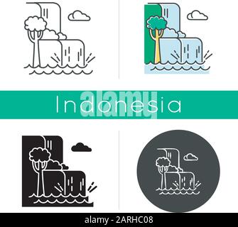 Icona paesaggio cascata. Vacanza in Indonesia. Tesoro nascosto di Bali. Fiumi giungla tropicale. Cascata d'acqua nella foresta pluviale. Lineare, nero, gesso AN Illustrazione Vettoriale