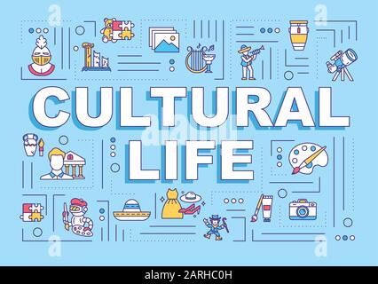 Banner concetti di parola di vita culturale. Mostra del museo. Antropologia e archeologia. Infografiche con icone lineari su sfondo blu. Tipo isolato Illustrazione Vettoriale