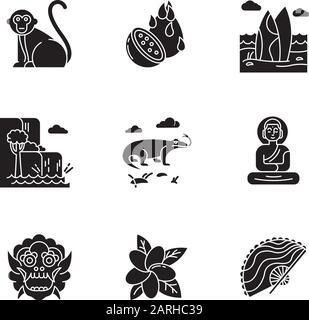 Icone glifo Indonesia impostate. Animali tropicali. Gita alle isole Indonesiane. Cultura esotica. Frutta e piante uniche. Natura e luoghi di interesse. Silhouette sy Illustrazione Vettoriale
