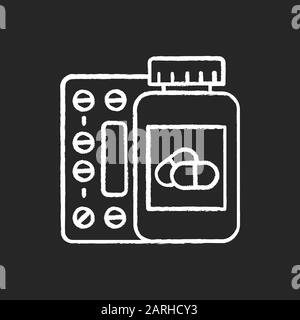 Icona del gesso del farmaco. Pillole in bottiglia. Prescrizione e supplemento. Prodotto medico. Medicamento farmaceutico. Compresse e capsule. Dose antidolorifico Illustrazione Vettoriale