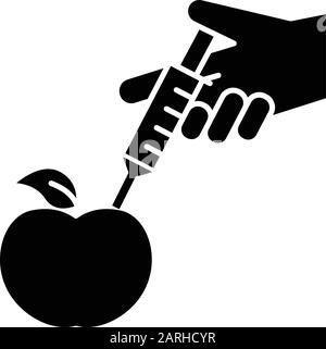 Apple con icona glifo siringa. Alimenti geneticamente modificati. Chimica organica. Modifica del DNA. Tecnologie agricole. Simbolo di silhouette. Negativo Illustrazione Vettoriale