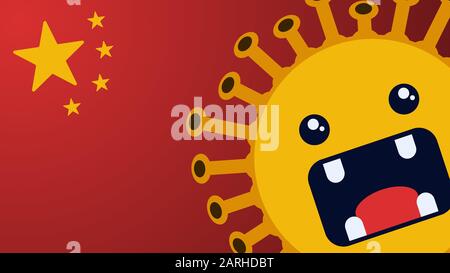 Immagine del cartone animato del virus Corona e della bandiera cinese. Concetto di illustrazione vettoriale dell'infezione virale del virus corona in Cina. Foto Stock