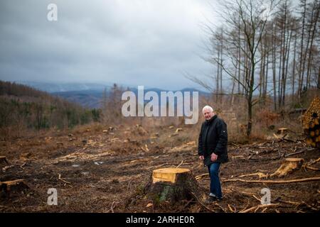 28 gennaio 2020, Sassonia-Anhalt, Wernigerode: Cajus Caesar, commissario forestale del Ministero federale dell'alimentazione e dell'agricoltura, è in piedi sull'Argreleuteberg in una zona di compensazione. Gli alberi erano morti dopo due anni di siccità e a causa del coleottero di corteccia ed erano stati abbattuti. Gli spruces sono ora usati per produrre polpa e legno per pallet. Alcuni di essi vanno persino in Cina come legno da costruzione. L'ispezione forestale nella foresta di Wernigerode si è svolta ai margini del "Dialogo sulla generazione delle foreste", cui partecipa il Commissario federale. L'organizzatore è la Schutzgemeins Foto Stock