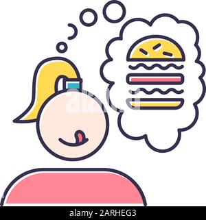 Icona del colore della voglia di cibo. Ragazza che pensa di hamburger. Pensiero di panino. Fast food snack. Deliziosa delizia. Dieta non sana. Appetito e tentazione. Chee Illustrazione Vettoriale