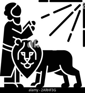 Daniel in leone den Bibbia storia icona glifo. Eroe leggendario che prega. Leggenda religiosa. Religione cristiana. Narrazione biblica. Simbolo di silhouette. Negati Illustrazione Vettoriale