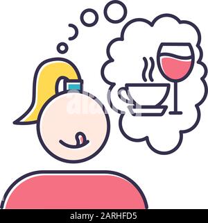 Icona a colori per alcol e caffè. Donna assetata. Donna che pensa al vino. Abitudine di mangiare malsana. Pensiero di bevande. Ragazza desiderio di tè. Gustoso essere Illustrazione Vettoriale