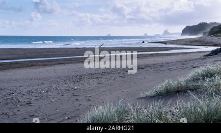 Ammira la spiaggia di Oakura in una giornata luminosa e torbida nella regione di Taranaki in Nuova Zelanda Foto Stock