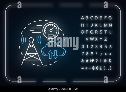 Icona del concetto di luce al neon a frequenze più brevi. Idea delle tecnologie 5G. Torre per telecomunicazioni. Copertura globale. Collegamento ad alta velocità. Segno luminoso con Illustrazione Vettoriale