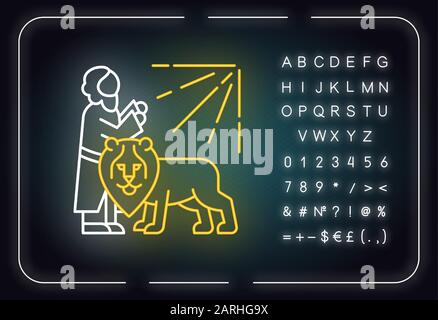 Daniel in leone den Bibbia storia neon icona luce. Eroe leggendario che prega. Leggenda religiosa. Narrazione biblica. Segno incandescente con alfabeto, numeri e. Illustrazione Vettoriale