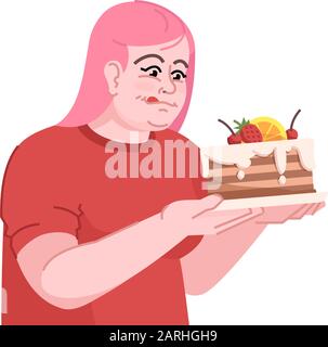 Binge che mangia l'illustrazione del vettore di colore piatto. Overeating. L'assunzione di zucchero nella dieta. Gluttonia. Ragazza caucasica sovrappeso in previsione della torta iso Illustrazione Vettoriale