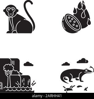 Icone glifo Indonesia impostate. Animali tropicali. Isole indonesiane. Esplorare la fauna selvatica esotica. Frutta e piante uniche. Meraviglie naturali e cascate. S Illustrazione Vettoriale