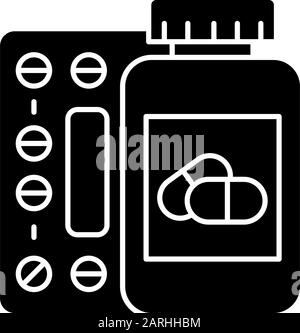 Icona glifo farmaco. Pillole in bottiglia. Prescrizione e supplemento. Prodotto medico. Medicamento farmaceutico. Compresse e capsule. silhouette symb Illustrazione Vettoriale